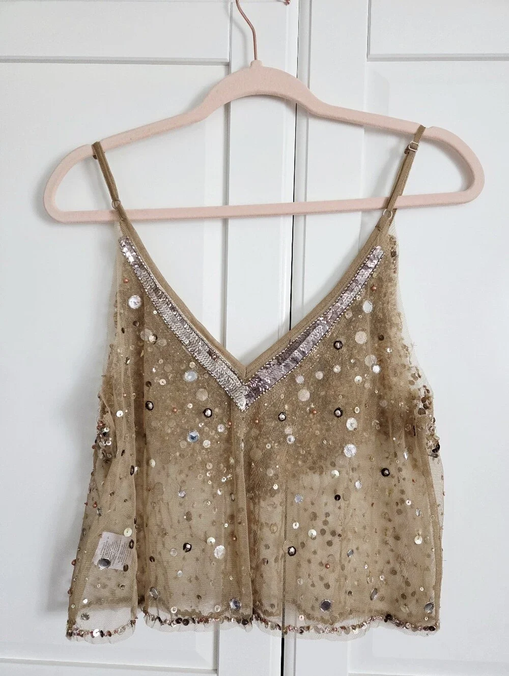 Anthropologie Sequin Embellished Nude-Beige V-Neck Camisole - Picture 4 of 13